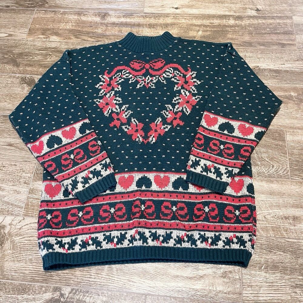 Vintage Adele Knitwear Sweater Large Red Christmas Embroidered Holiday Mock Neck